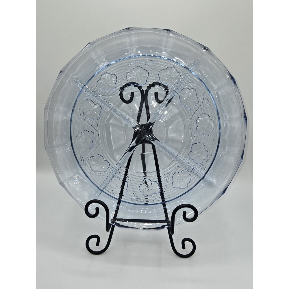 Blue Pressed Glass Divided Relish Tray Floral Pattern 4 Section Serving Plate